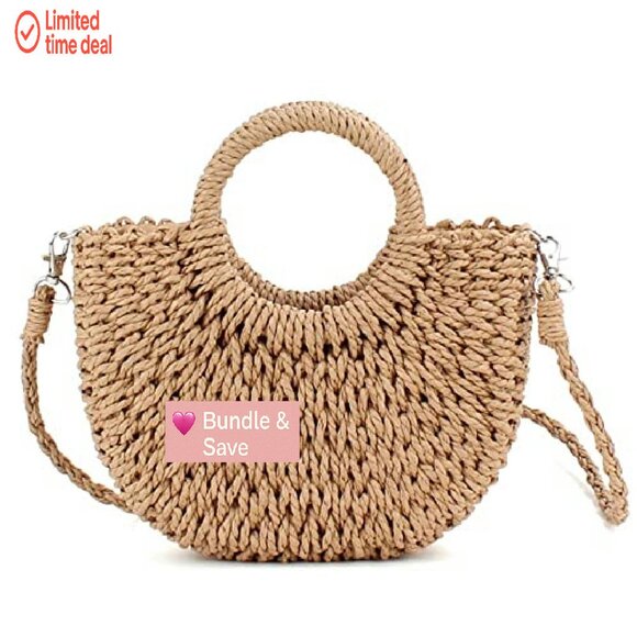 Handwoven Rattan Tote Bag, Semi-Circle Beach Shoulder Bag, Crossbody Travel - Picture 2 of 8